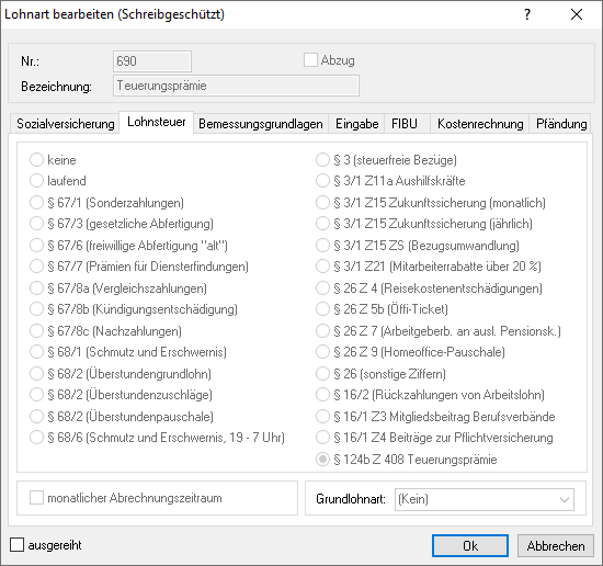 Lohnart-Einstellungen Teuerungsprämie